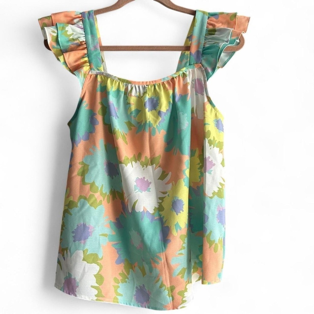 CROSBY by Mollie Burch – Ruffle Sleeve Tank, Watercolor Floral Print – Size M